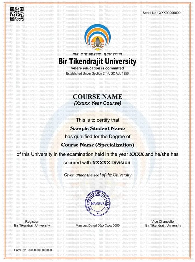 Sample degree certificate from BTU (Bir Tikendrajit University)
