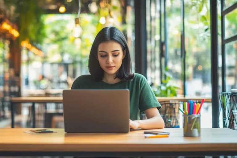 Student working part time and managing bachelor courses online on laptop