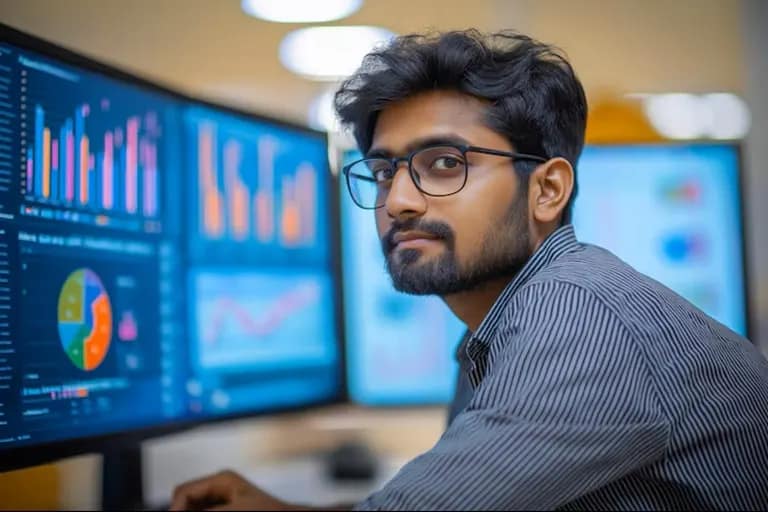 Student analyzing data and gaining advanced specialization in online PG diploma course
