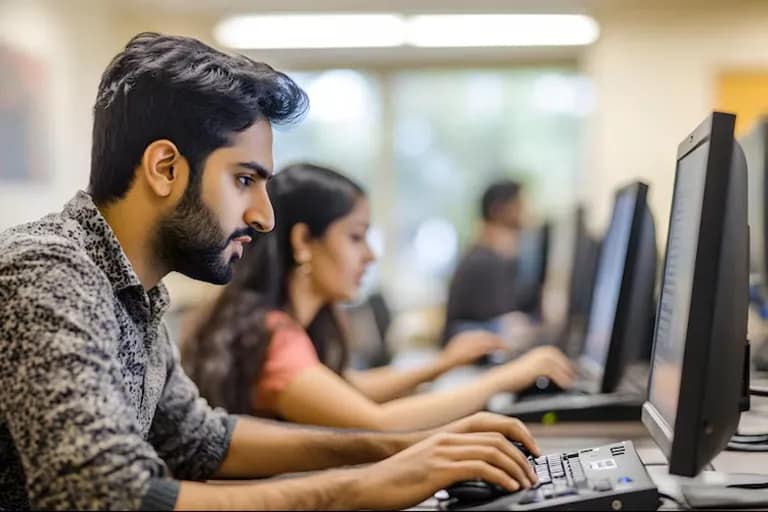 MCA students coding on laptops in a modern computer laboratory