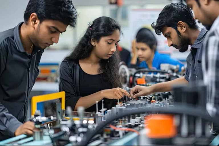BTech students working on engineering design and robotics projects in a university lab