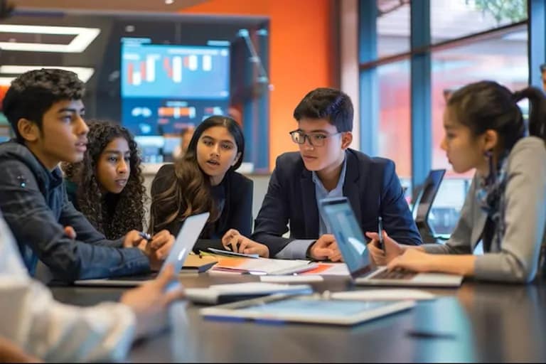 MBA students analyzing business reports and market data in a smart classroom
