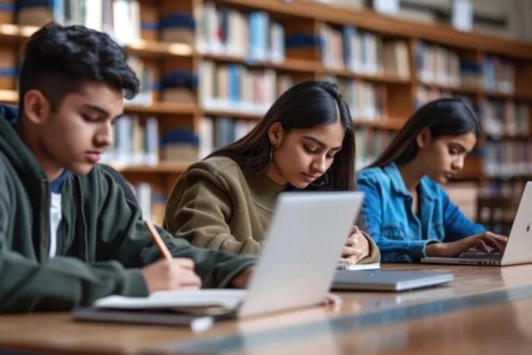 Postgraduate students conducting academic research in a university library during an MA course