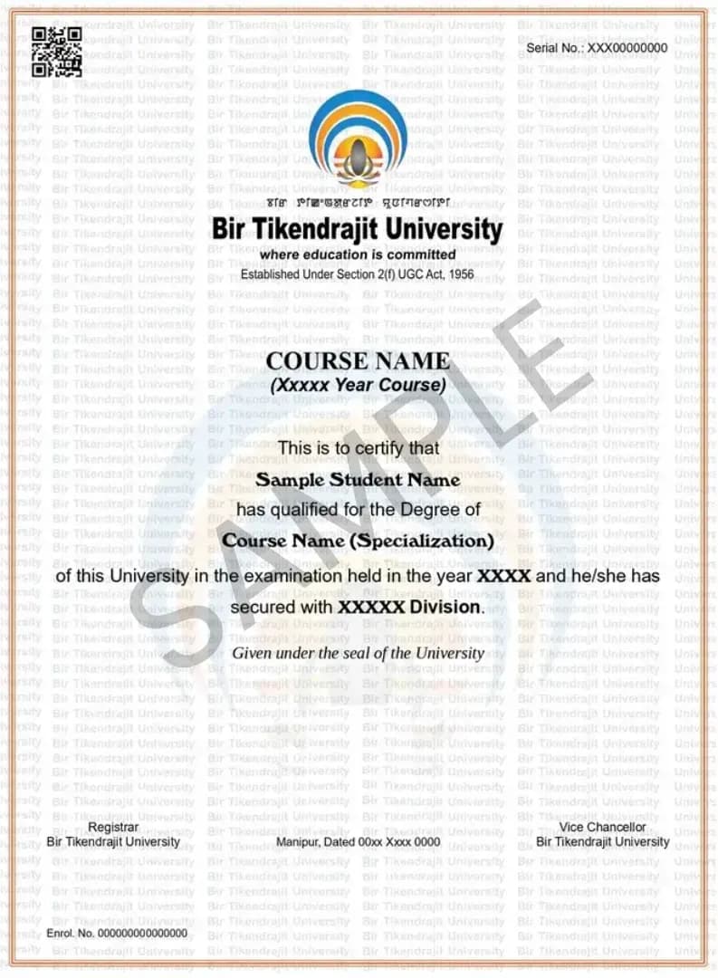 Sample degree certificate from BTU (Bir Tikendrajit University)