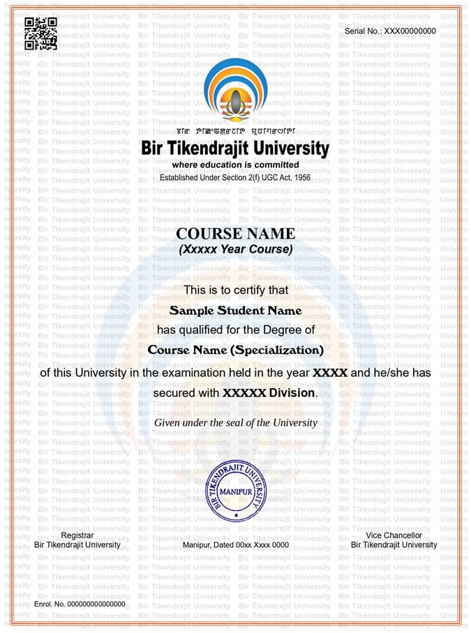 Sample degree certificate from Bir Tikendrajit University